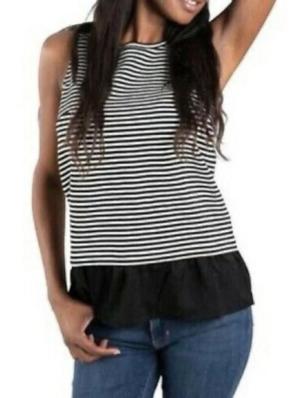 J.Crew NWT Striped Knit Ruffle Hem Tank Top Size Small Black & White